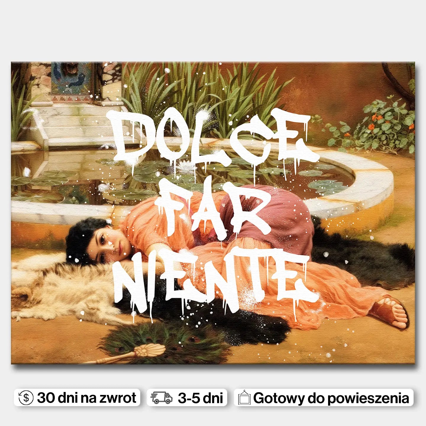 Obraz na płótnie „Dolce Far Niente” – klasyczna scena z leżącą kobietą i białym graffiti w stylu street art z napisem „Dolce Far Niente”.
