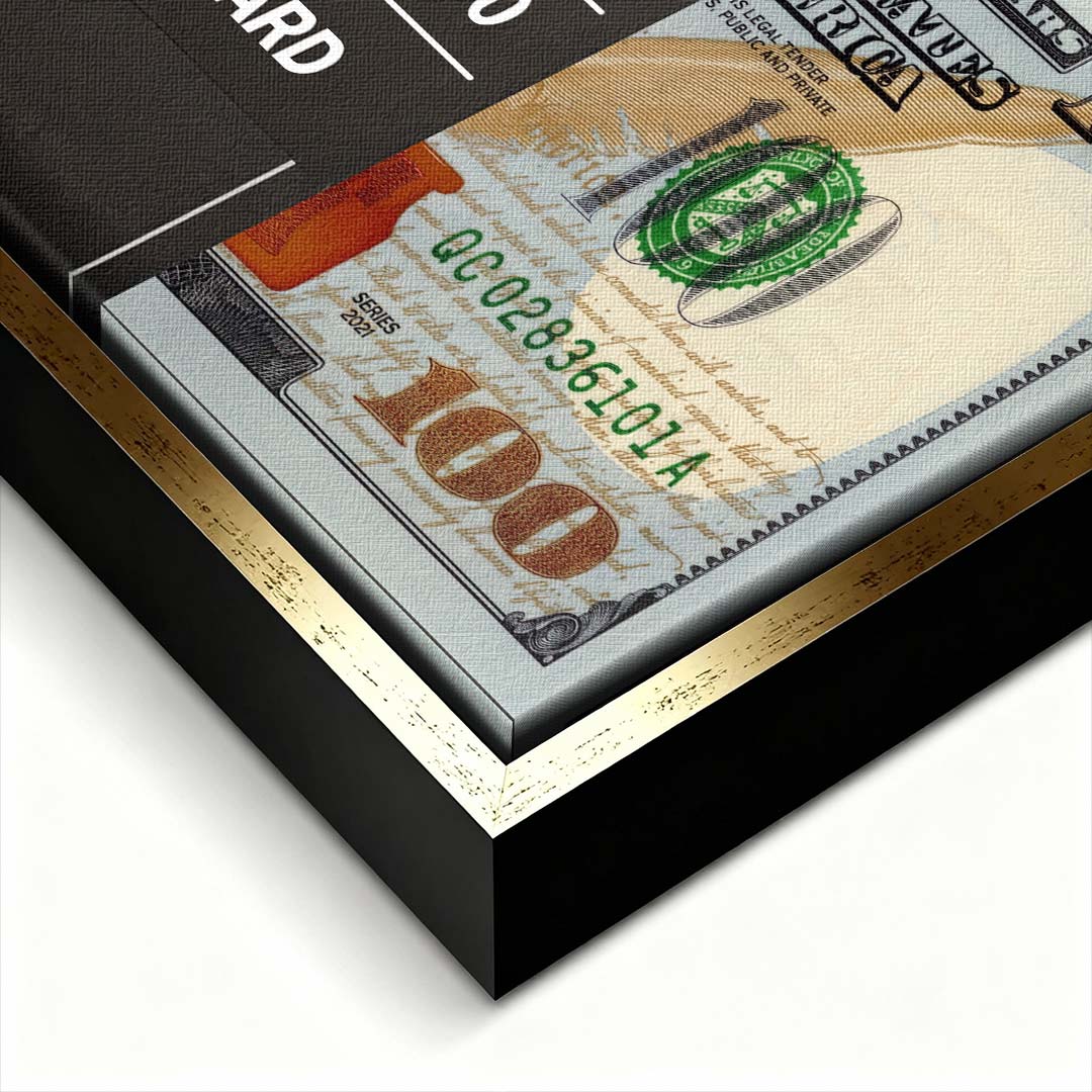 Motywacyjny obraz na płótnie przedstawiający banknot 100 dolarów spięty opaską z napisem Hustle Hard. Wydruk galeryjny Huephant.