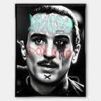 Czarno-biały obraz na płótnie Don Vito De Niro. Wydruk galeryjny pop art z jasnoniebieskim napisem De Niro i czerwonym graffiti Don Vito na policzkach.