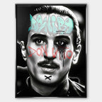 Czarno-biały obraz na płótnie Don Vito De Niro. Wydruk galeryjny pop art z jasnoniebieskim napisem De Niro i czerwonym graffiti Don Vito na policzkach.