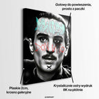 Czarno-biały obraz na płótnie Don Vito De Niro. Wydruk galeryjny pop art z jasnoniebieskim napisem De Niro i czerwonym graffiti Don Vito na policzkach.