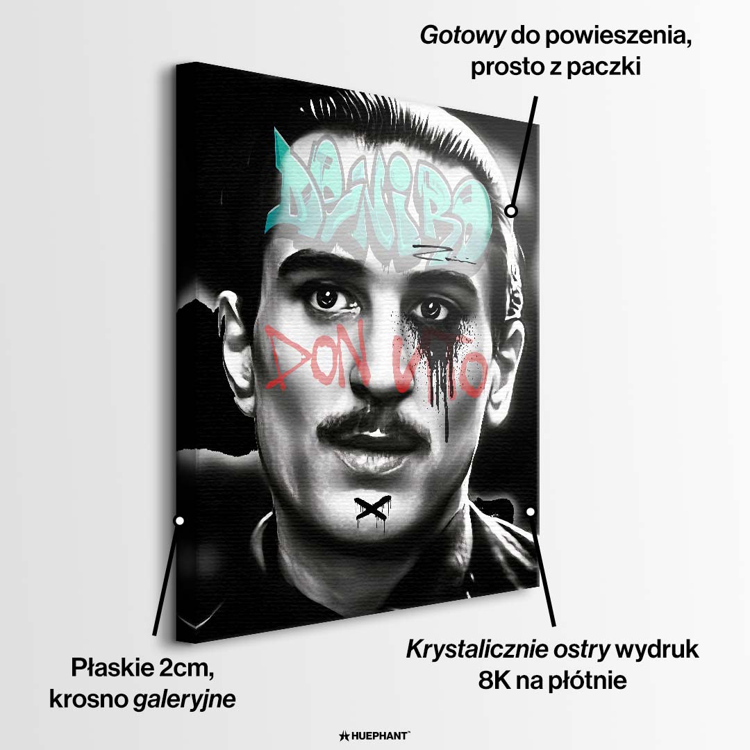 Czarno-biały obraz na płótnie Don Vito De Niro. Wydruk galeryjny pop art z jasnoniebieskim napisem De Niro i czerwonym graffiti Don Vito na policzkach.