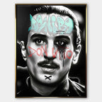 Czarno-biały obraz na płótnie Don Vito De Niro. Wydruk galeryjny pop art z jasnoniebieskim napisem De Niro i czerwonym graffiti Don Vito na policzkach.