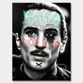 Czarno-biały obraz na płótnie Don Vito De Niro. Wydruk galeryjny pop art z jasnoniebieskim napisem De Niro i czerwonym graffiti Don Vito na policzkach.