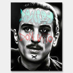 Czarno-biały obraz na płótnie Don Vito De Niro. Wydruk galeryjny pop art z jasnoniebieskim napisem De Niro i czerwonym graffiti Don Vito na policzkach.