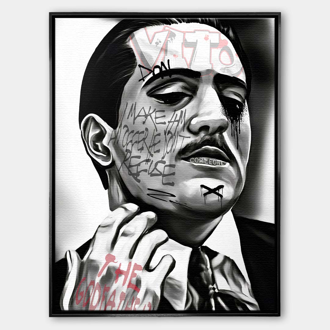 Czarno-biały obraz na płótnie Don Vito z Ojca Chrzestnego II. Wydruk galeryjny pop art z angielskim cytatem o ofercie nie do odrzucenia i elementami graffiti.