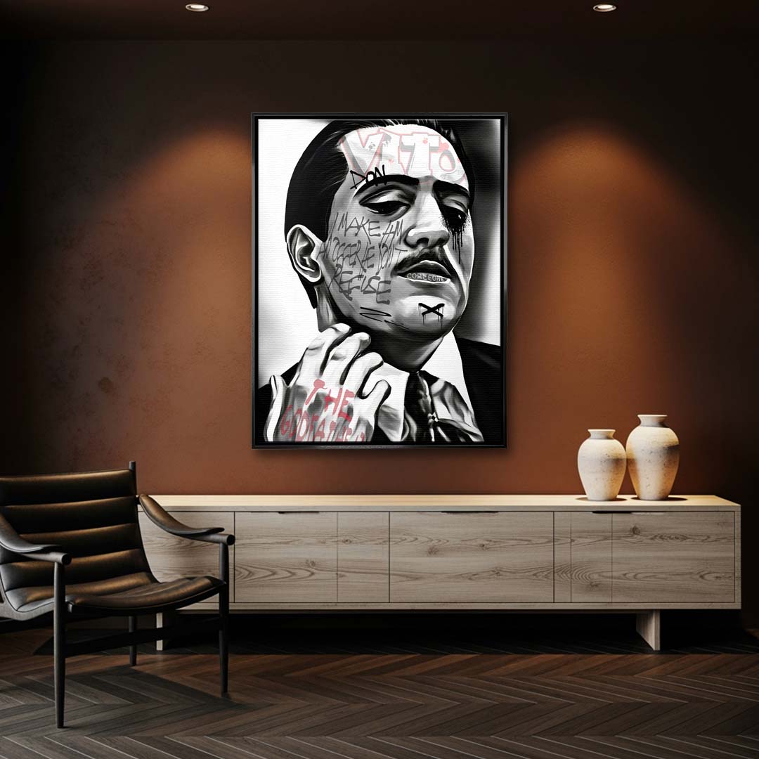 Czarno-biały obraz na płótnie Don Vito z Ojca Chrzestnego II. Wydruk galeryjny pop art z angielskim cytatem o ofercie nie do odrzucenia i elementami graffiti.