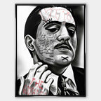 Czarno-biały obraz na płótnie Don Vito z Ojca Chrzestnego II. Wydruk galeryjny pop art z angielskim cytatem o ofercie nie do odrzucenia i elementami graffiti.