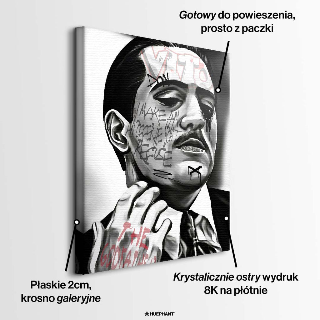 Czarno-biały obraz na płótnie Don Vito z Ojca Chrzestnego II. Wydruk galeryjny pop art z angielskim cytatem o ofercie nie do odrzucenia i elementami graffiti.