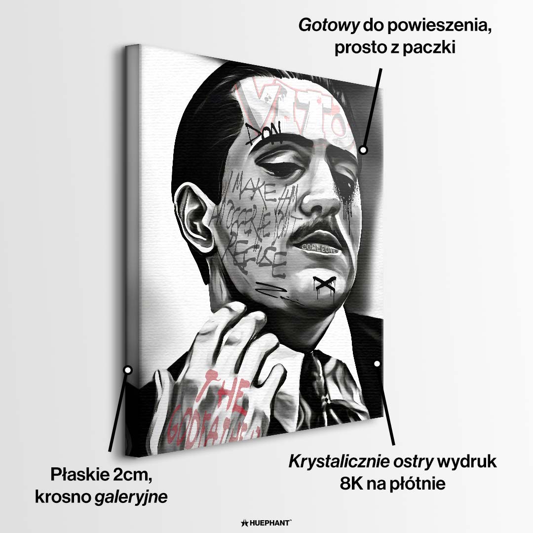 Czarno-biały obraz na płótnie Don Vito z Ojca Chrzestnego II. Wydruk galeryjny pop art z angielskim cytatem o ofercie nie do odrzucenia i elementami graffiti.
