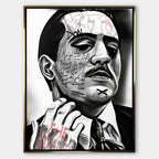 Czarno-biały obraz na płótnie Don Vito z Ojca Chrzestnego II. Wydruk galeryjny pop art z angielskim cytatem o ofercie nie do odrzucenia i elementami graffiti.