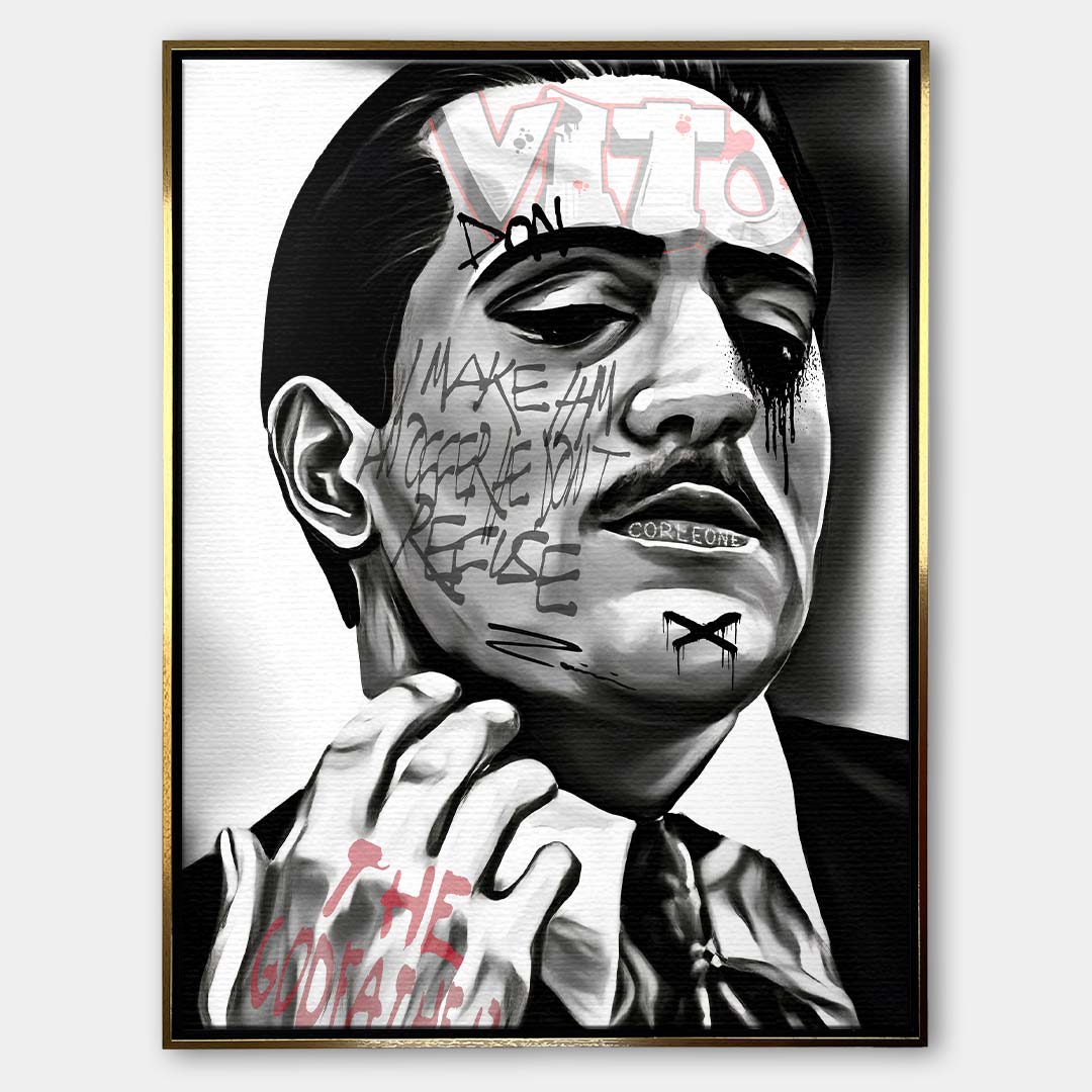 Czarno-biały obraz na płótnie Don Vito z Ojca Chrzestnego II. Wydruk galeryjny pop art z angielskim cytatem o ofercie nie do odrzucenia i elementami graffiti.