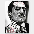 Czarno-biały obraz na płótnie Don Vito z Ojca Chrzestnego II. Wydruk galeryjny pop art z angielskim cytatem o ofercie nie do odrzucenia i elementami graffiti.