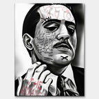 Czarno-biały obraz na płótnie Don Vito z Ojca Chrzestnego II. Wydruk galeryjny pop art z angielskim cytatem o ofercie nie do odrzucenia i elementami graffiti.