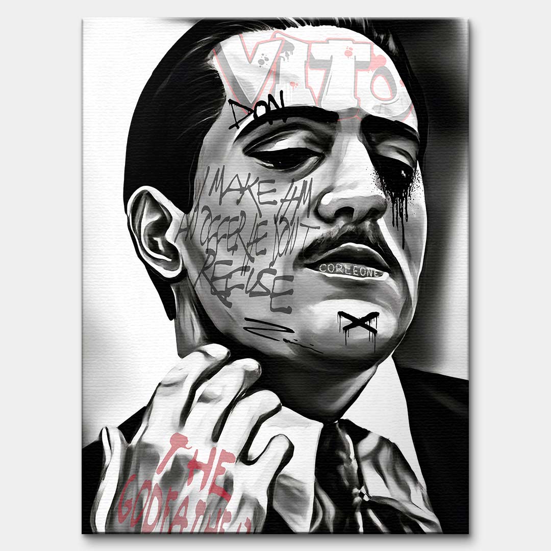 Czarno-biały obraz na płótnie Don Vito z Ojca Chrzestnego II. Wydruk galeryjny pop art z angielskim cytatem o ofercie nie do odrzucenia i elementami graffiti.