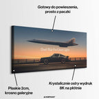 Nowoczesny obraz na płótnie dont-wait-for-green-lights-car-jet przedstawiający klasyczne czarne auto sportowe i odrzutowiec o zachodzie słońca.  