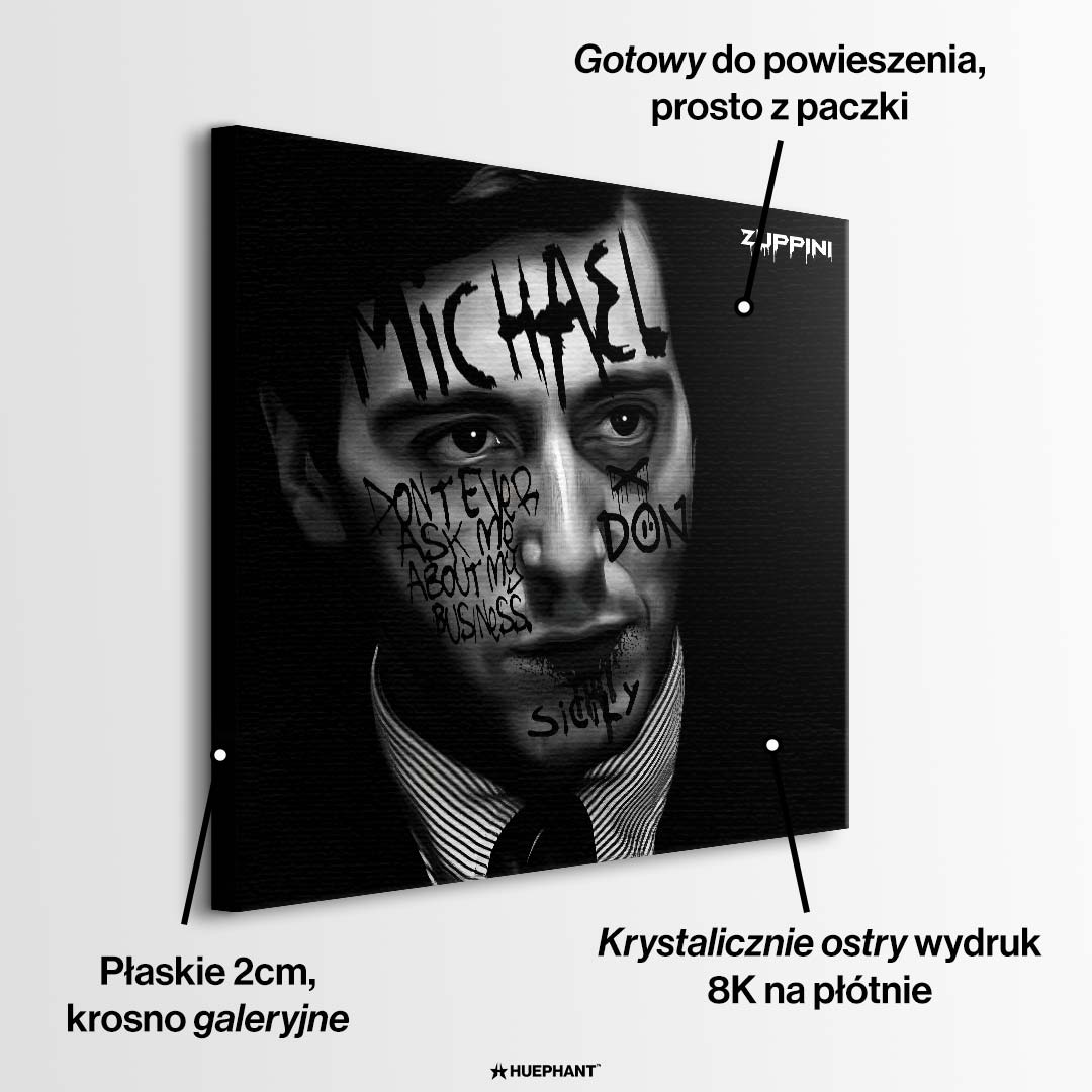 Czarno-biały obraz na płótnie z portretem Michaela Corleone z filmu Ojciec Chrzestny i napisami graffiti. Nowoczesny wydruk galeryjny w stylu filmowym.