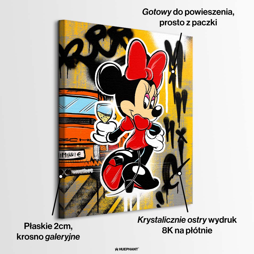 Obraz na płótnie Drink Champagne, pop art z ikoniczną myszką, kieliszkiem, pomarańczowym autem i graffiti na żółtym tle.