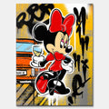 Obraz na płótnie Drink Champagne, pop art z ikoniczną myszką, kieliszkiem, pomarańczowym autem i graffiti na żółtym tle.