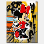 Obraz na płótnie Drink Champagne, pop art z ikoniczną myszką, kieliszkiem, pomarańczowym autem i graffiti na żółtym tle.