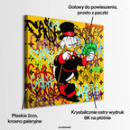 Obraz na płótnie Scrooge Cash. Nowoczesna sztuka i wydruk galeryjny pop-art ze Sknerusem McKwaczem, plikiem banknotów, graffiti i luksusowym monogramem.