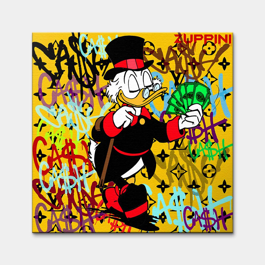 Obraz na płótnie Scrooge Cash. Nowoczesna sztuka i wydruk galeryjny pop-art ze Sknerusem McKwaczem, plikiem banknotów, graffiti i luksusowym monogramem.