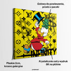 Obraz na płótnie Scrooge Infinity. Nowoczesna sztuka i wydruk galeryjny pop-art ze Sknerusem McKwaczem, plikiem banknotów pod cylindrem i luksusowym tłem.