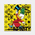 Obraz na płótnie Scrooge Infinity. Nowoczesna sztuka i wydruk galeryjny pop-art ze Sknerusem McKwaczem, plikiem banknotów pod cylindrem i luksusowym tłem.