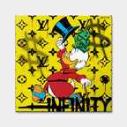 Obraz na płótnie Scrooge Infinity. Nowoczesna sztuka i wydruk galeryjny pop-art ze Sknerusem McKwaczem, plikiem banknotów pod cylindrem i luksusowym tłem.