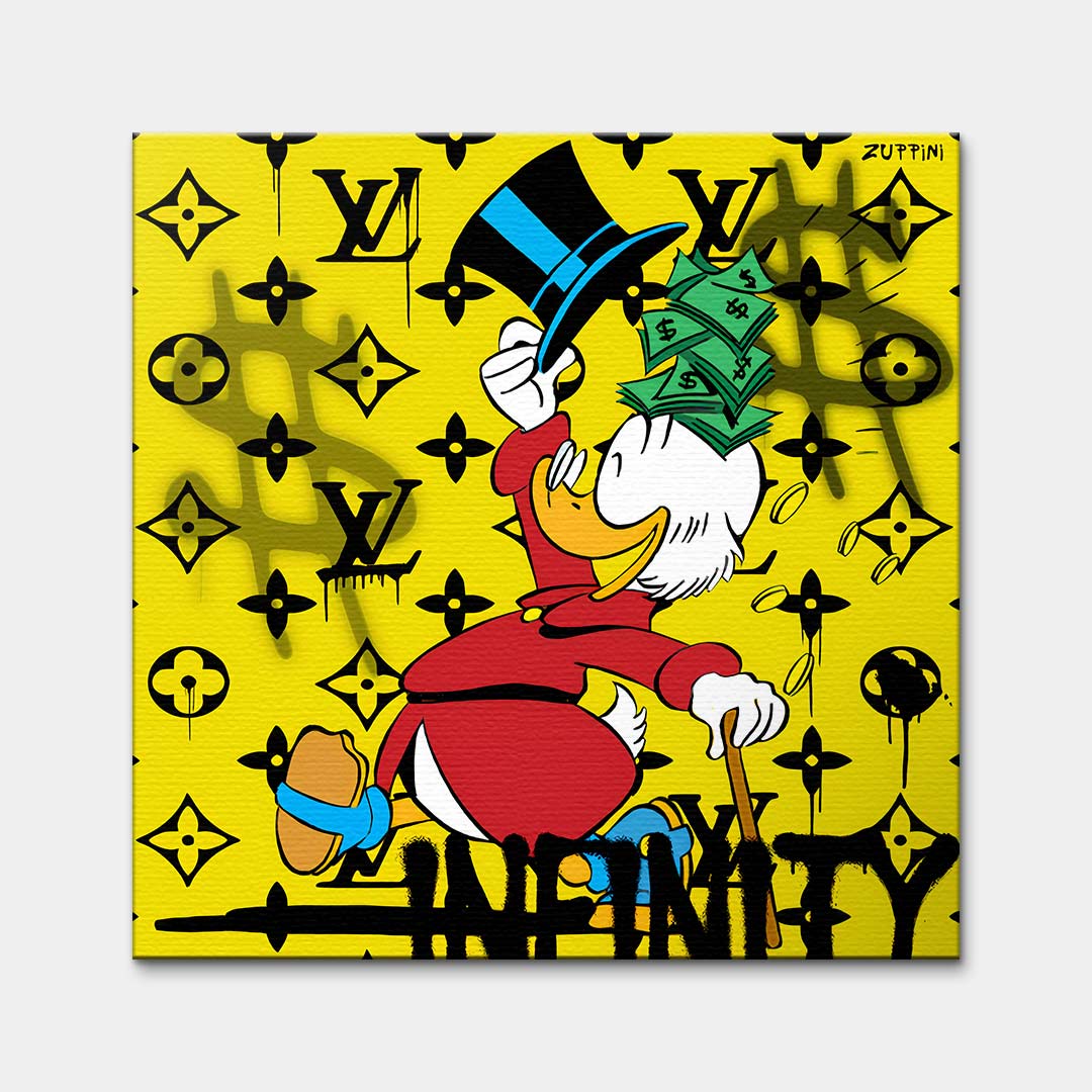Obraz na płótnie Scrooge Infinity. Nowoczesna sztuka i wydruk galeryjny pop-art ze Sknerusem McKwaczem, plikiem banknotów pod cylindrem i luksusowym tłem.