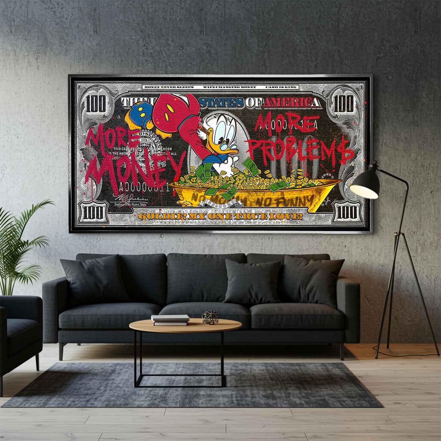 Obraz na płótnie z animowaną kaczką w wannie pełnej złotych monet i banknotów, nowoczesny wydruk galeryjny w stylu pop art.