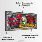 Obraz na płótnie z animowaną kaczką w wannie pełnej złotych monet i banknotów, nowoczesny wydruk galeryjny w stylu pop art.