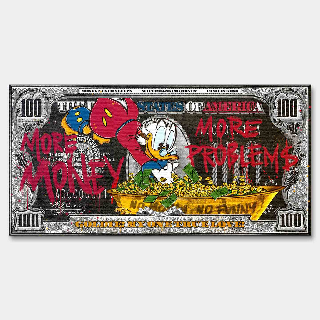 Obraz na płótnie z animowaną kaczką w wannie pełnej złotych monet i banknotów, nowoczesny wydruk galeryjny w stylu pop art.