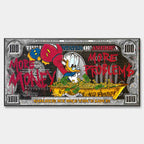 Obraz na płótnie z animowaną kaczką w wannie pełnej złotych monet i banknotów, nowoczesny wydruk galeryjny w stylu pop art.