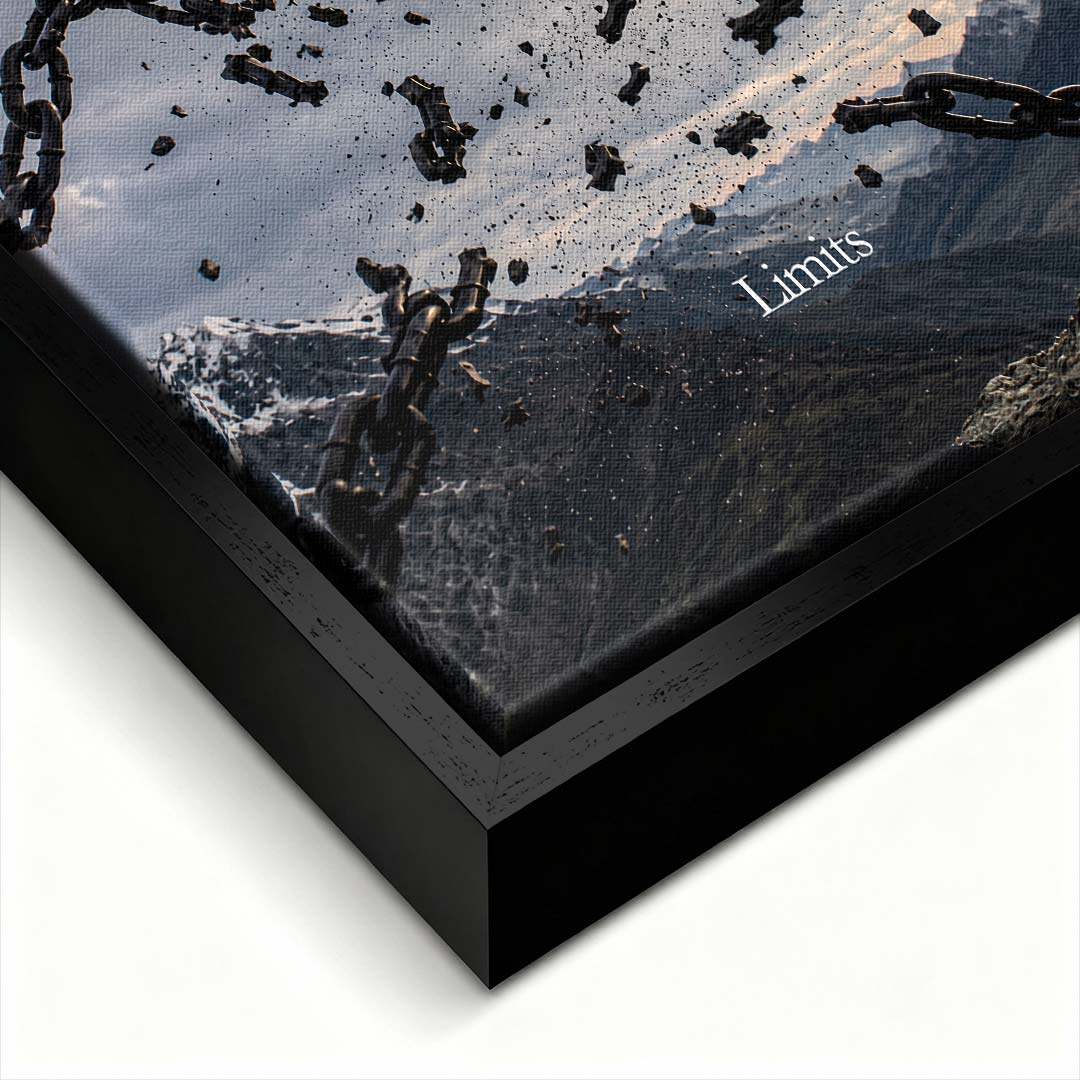 Obraz na płótnie przedstawiający orła z napisem Me rozrywającego łańcuchy Limits nad górami. Wydruk galeryjny, nowoczesna sztuka motywacyjna.