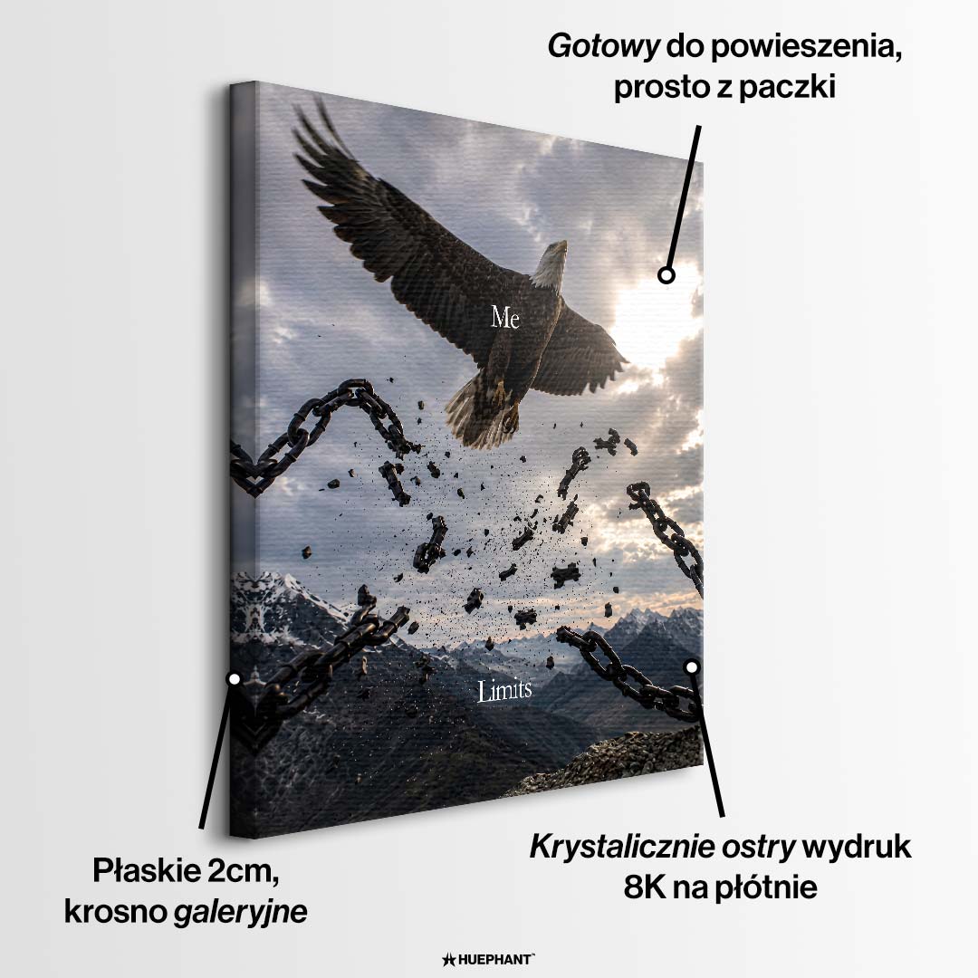 Obraz na płótnie przedstawiający orła z napisem Me rozrywającego łańcuchy Limits nad górami. Wydruk galeryjny, nowoczesna sztuka motywacyjna.