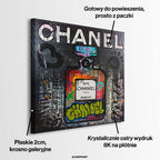 Nowoczesny obraz na płótnie przedstawiający flakon ekskluzywnych perfum w stylu street art i graffiti, wydruk galeryjny.