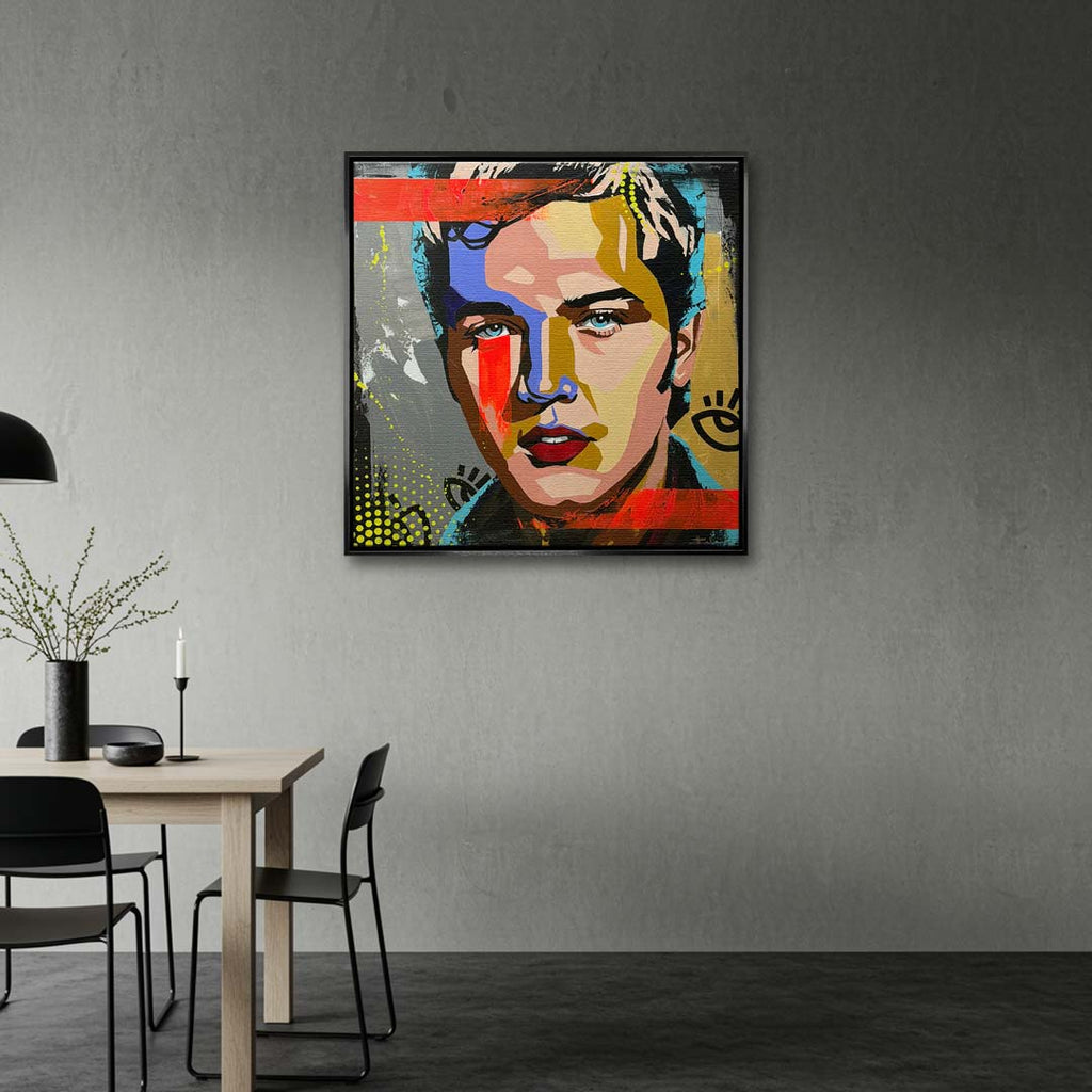 Nowoczesny obraz na płótnie pop-art przedstawiający kolorowy portret piosenkarza, wydruk galeryjny sztuka nowoczesna.