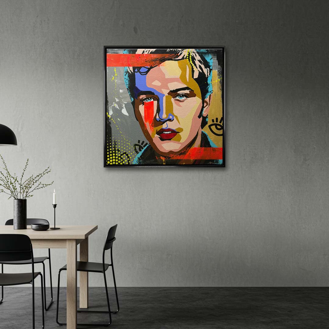 Nowoczesny obraz na płótnie pop-art przedstawiający kolorowy portret piosenkarza, wydruk galeryjny sztuka nowoczesna.
