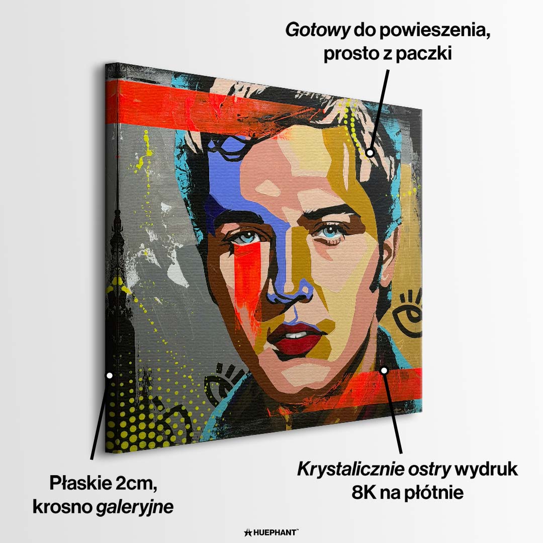 Nowoczesny obraz na płótnie pop-art przedstawiający kolorowy portret piosenkarza, wydruk galeryjny sztuka nowoczesna.