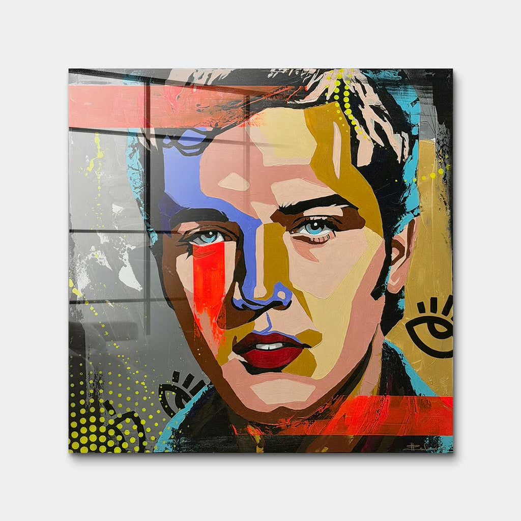Nowoczesny obraz na szkle akrylowym pop-art przedstawiający kolorowy portret piosenkarza, wydruk galeryjny sztuka nowoczesna.