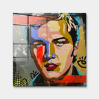 Nowoczesny obraz na szkle akrylowym pop-art przedstawiający kolorowy portret piosenkarza, wydruk galeryjny sztuka nowoczesna.