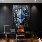 Obraz na płótnie Ethereum Splash, wydruk galeryjny. Sztuka nowoczesna przedstawiająca trójwymiarowe logo Ethereum na dynamicznym, czarnym tle z farbą.