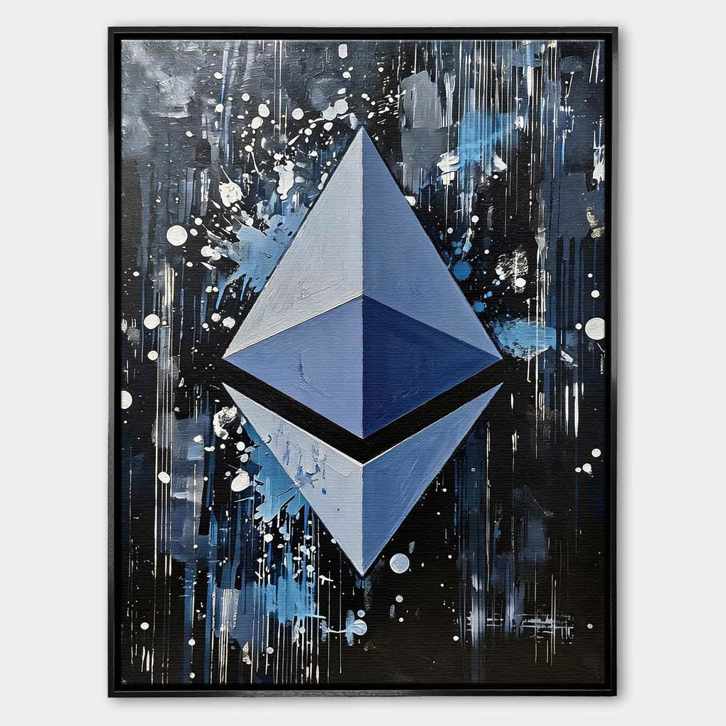 Obraz na płótnie Ethereum Splash, wydruk galeryjny. Sztuka nowoczesna przedstawiająca trójwymiarowe logo Ethereum na dynamicznym, czarnym tle z farbą.