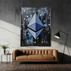 Obraz na płótnie Ethereum Splash, wydruk galeryjny. Sztuka nowoczesna przedstawiająca trójwymiarowe logo Ethereum na dynamicznym, czarnym tle z farbą.