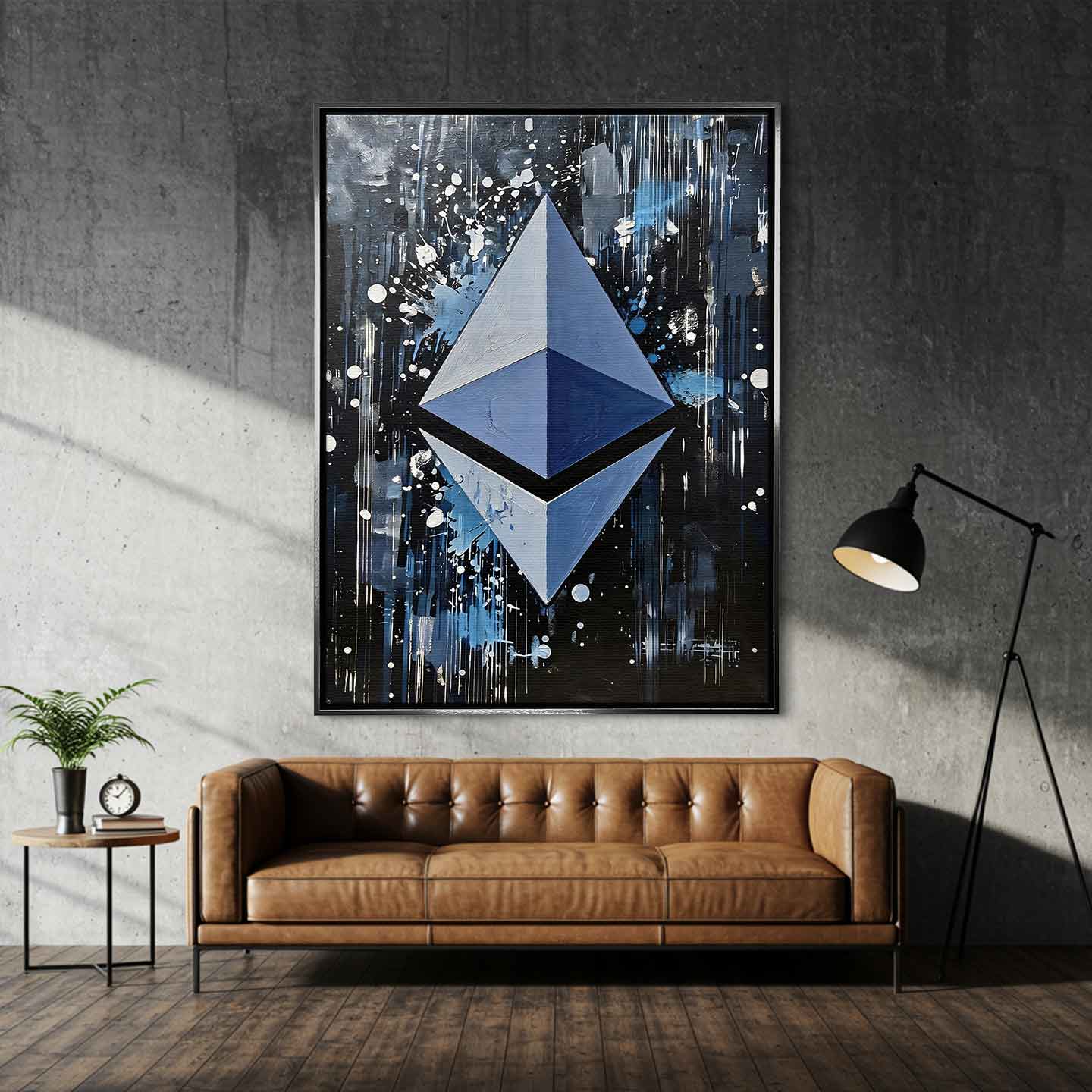 Obraz na płótnie Ethereum Splash, wydruk galeryjny. Sztuka nowoczesna przedstawiająca trójwymiarowe logo Ethereum na dynamicznym, czarnym tle z farbą.