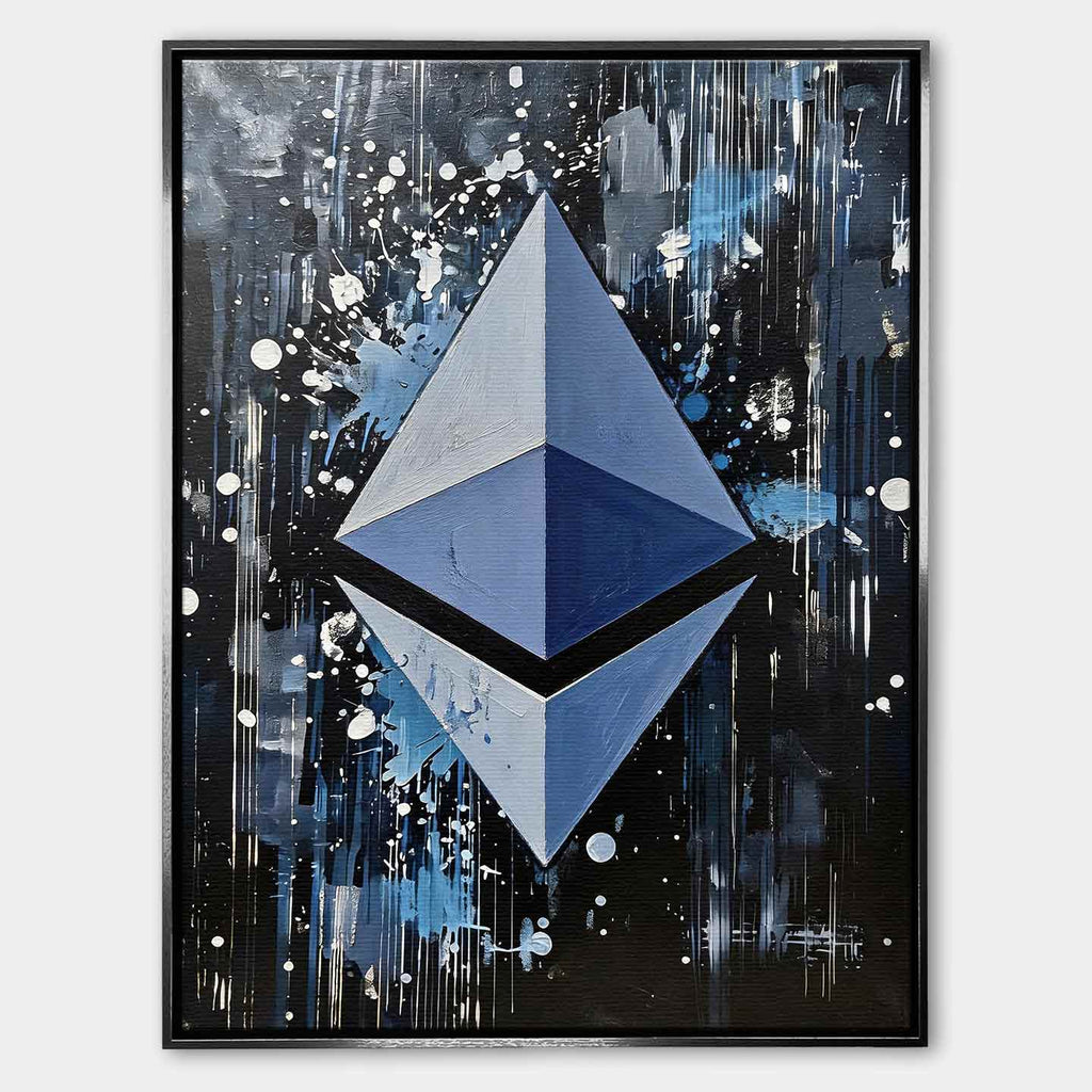 Obraz na płótnie Ethereum Splash, wydruk galeryjny. Sztuka nowoczesna przedstawiająca trójwymiarowe logo Ethereum na dynamicznym, czarnym tle z farbą.