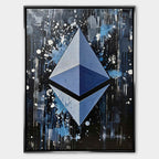 Obraz na płótnie Ethereum Splash, wydruk galeryjny. Sztuka nowoczesna przedstawiająca trójwymiarowe logo Ethereum na dynamicznym, czarnym tle z farbą.