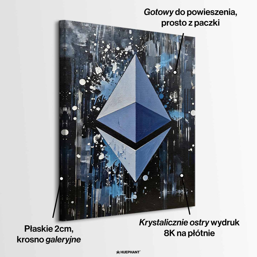 Obraz na płótnie Ethereum Splash, wydruk galeryjny. Sztuka nowoczesna przedstawiająca trójwymiarowe logo Ethereum na dynamicznym, czarnym tle z farbą.