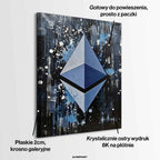 Obraz na płótnie Ethereum Splash, wydruk galeryjny. Sztuka nowoczesna przedstawiająca trójwymiarowe logo Ethereum na dynamicznym, czarnym tle z farbą.